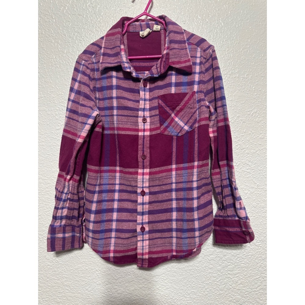 Outdoor Kids Plaid Flannel Button Up Shirt Purple Pink Blue Size S